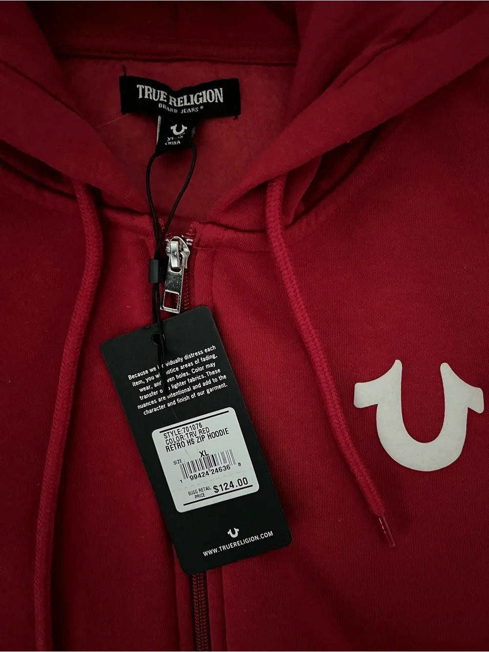 True Religion Red Full-Zip Hooded Jacket with White Logo